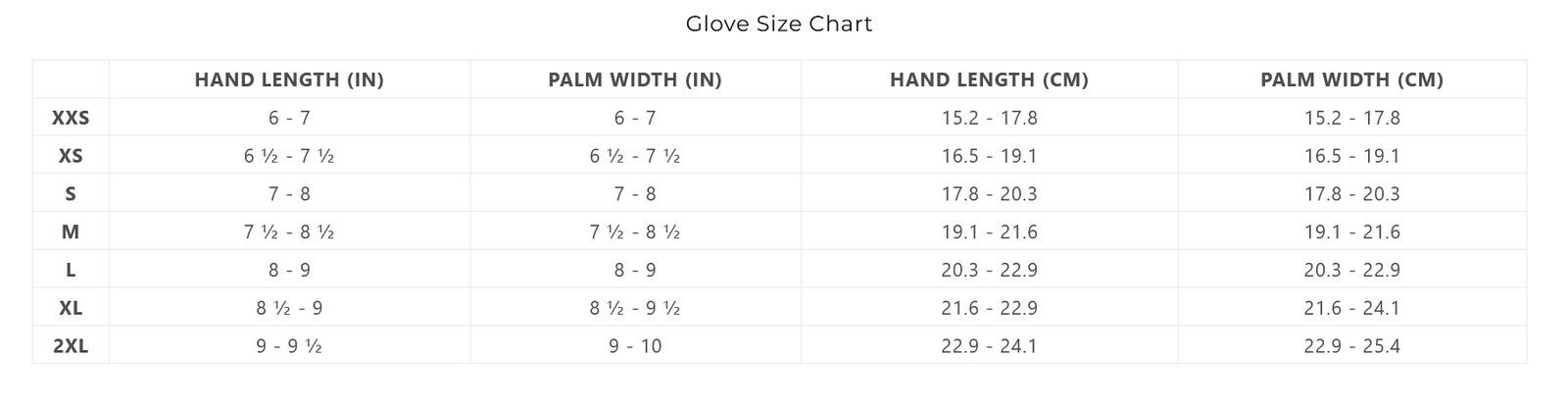 XCEL GLOVE SIZE 24 0 Tabla de Tallas